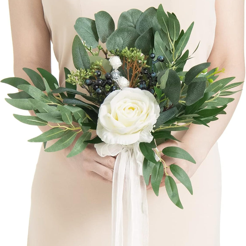 Fresh Green Plant Artificial Flowers White Rose Bouquet (7 inches)